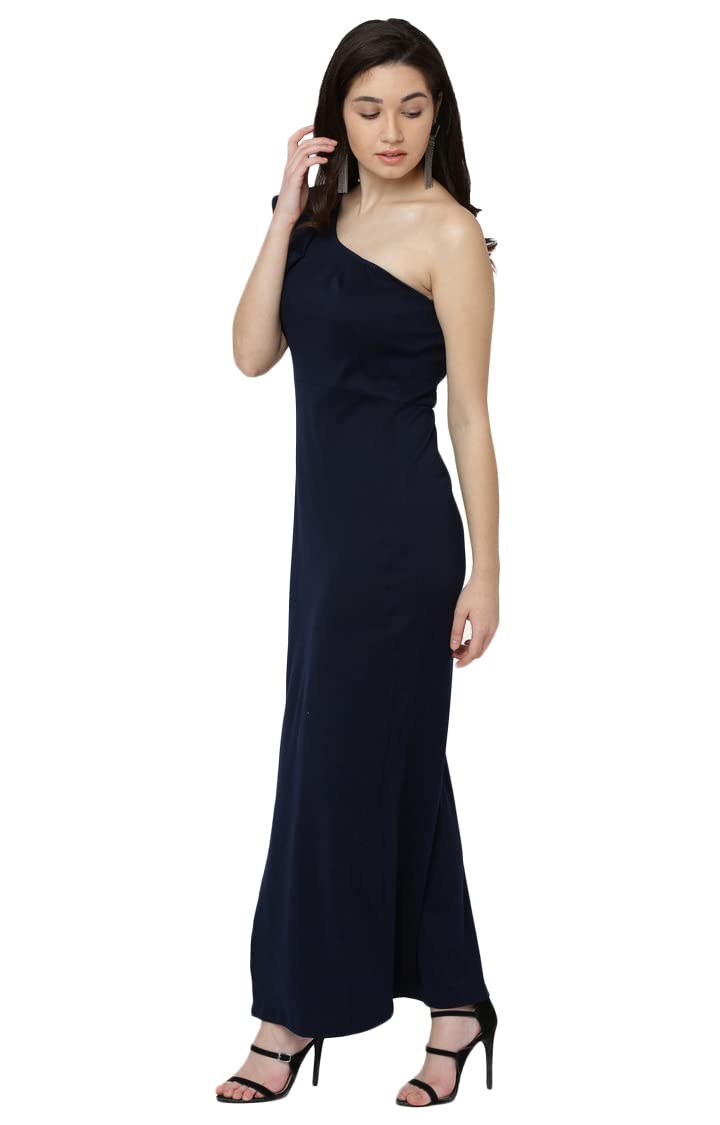 Women's Solid One Shoulder Sleeveless Ruffled Maxi Dress - Image 3
