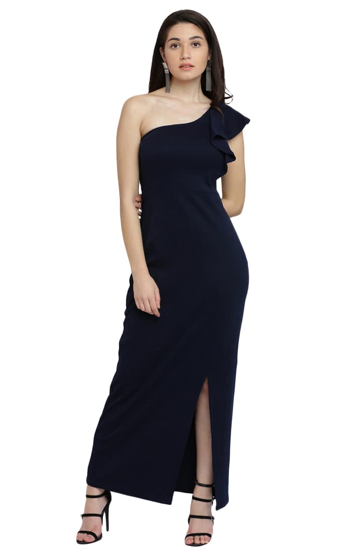 Women's Solid One Shoulder Sleeveless Ruffled Maxi Dress