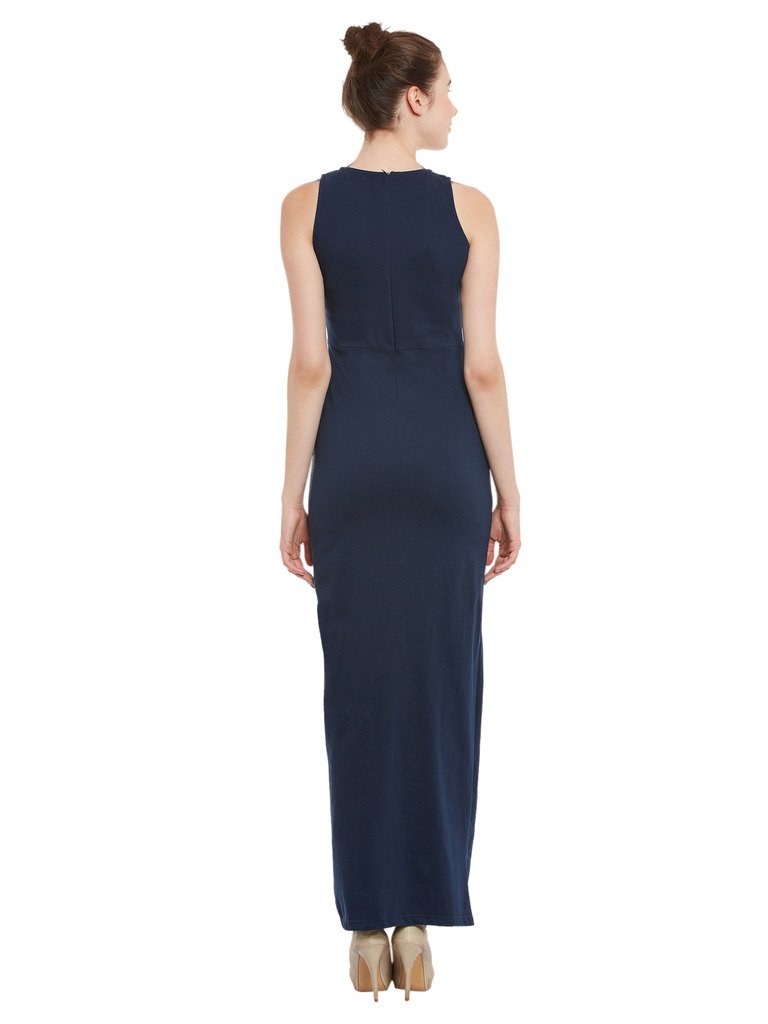 Women's Maroon Round Neck Sleeveless Cut-Out Front Slit Slim Fit Bodycon Maxi Dress - Image 10