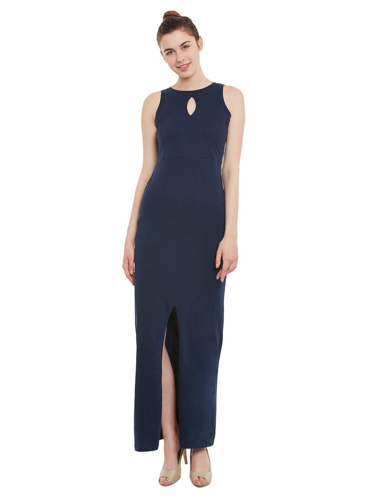 Women's Maroon Round Neck Sleeveless Cut-Out Front Slit Slim Fit Bodycon Maxi Dress - Image 7