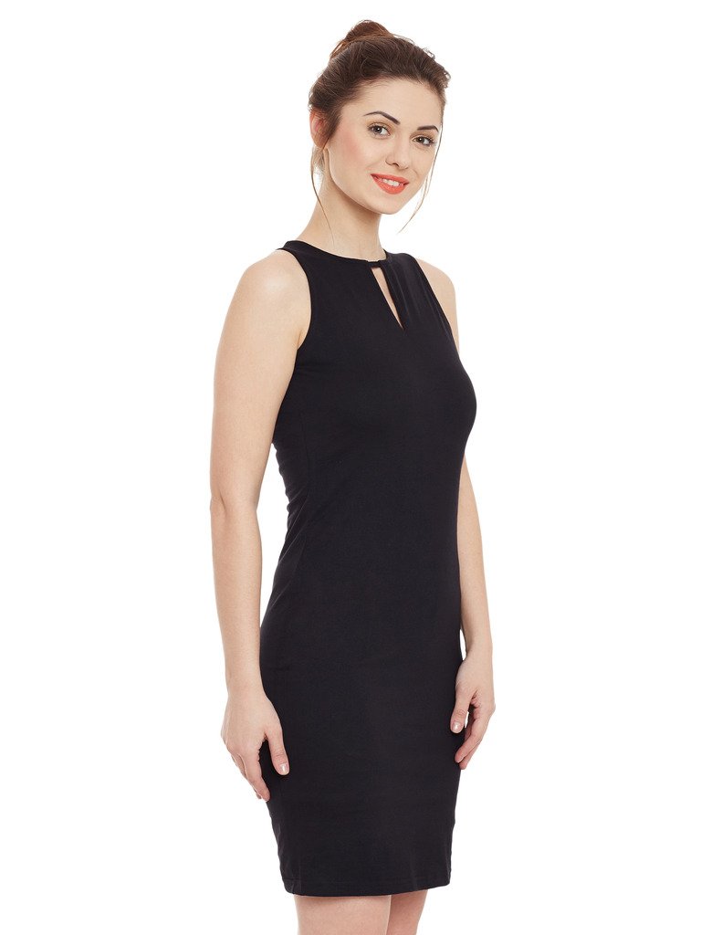 Women's Super Comfortable Black Solid Sleeveless Round Neck Mini Bodycon Dress with Zip Closure - Image 3
