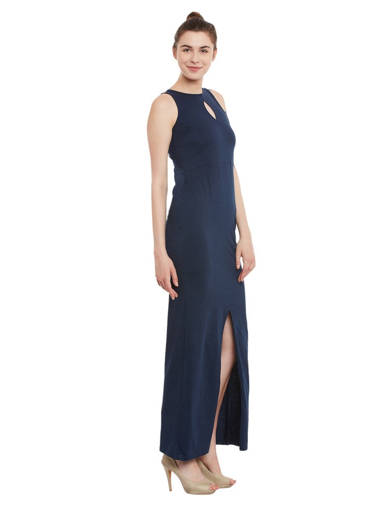 Women's Maroon Round Neck Sleeveless Cut-Out Front Slit Slim Fit Bodycon Maxi Dress - Image 9