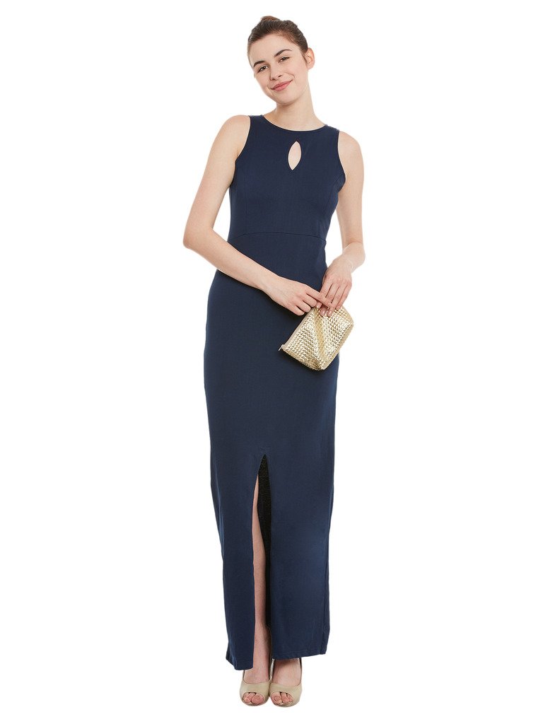 Women's Maroon Round Neck Sleeveless Cut-Out Front Slit Slim Fit Bodycon Maxi Dress - Image 8