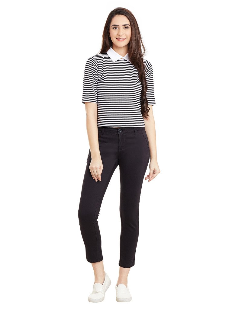Women's Maroon and White Half Sleeves Round Neck Striped Crop Top - Image 11