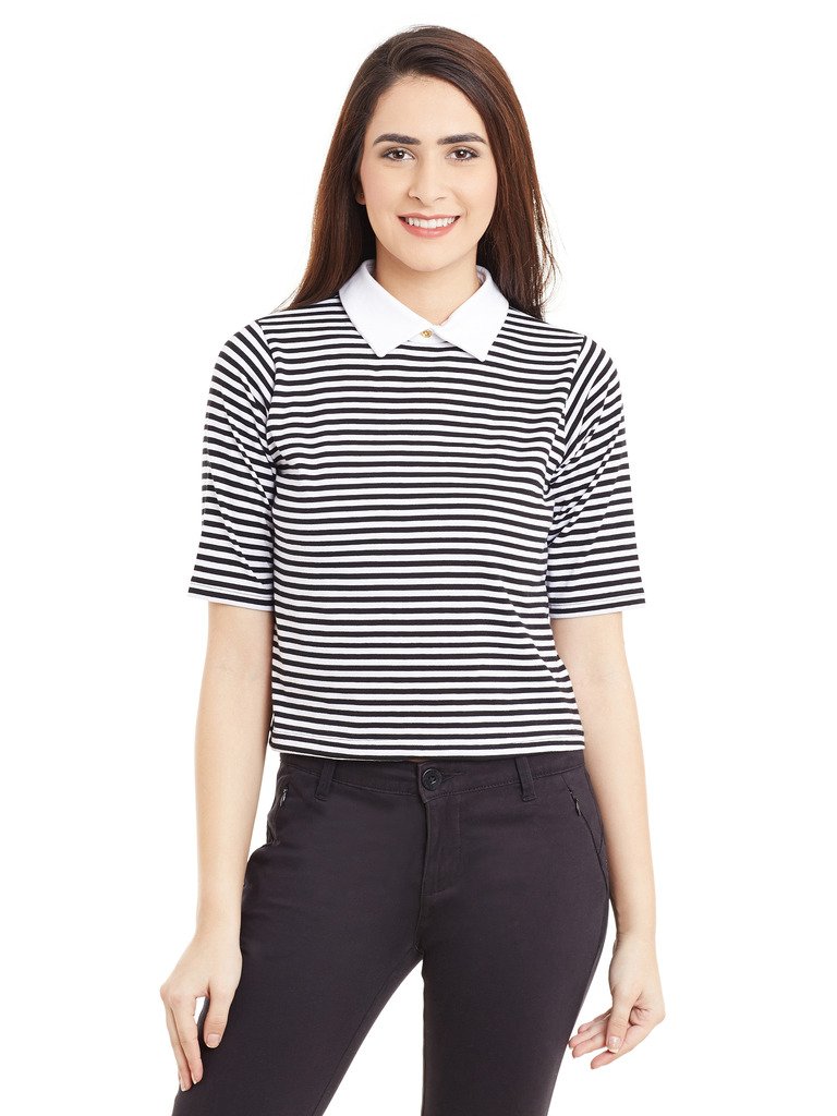 Women's Maroon and White Half Sleeves Round Neck Striped Crop Top - Image 10