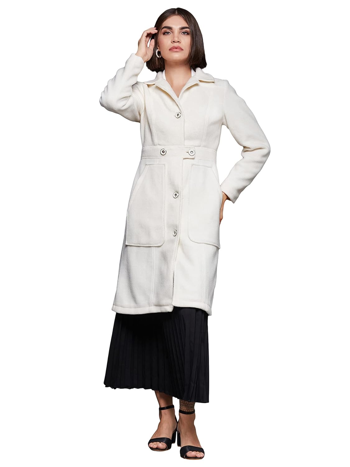 Women's Off White Solid Shirt Collar Full Sleeves Polyester Winter Wear Jacket