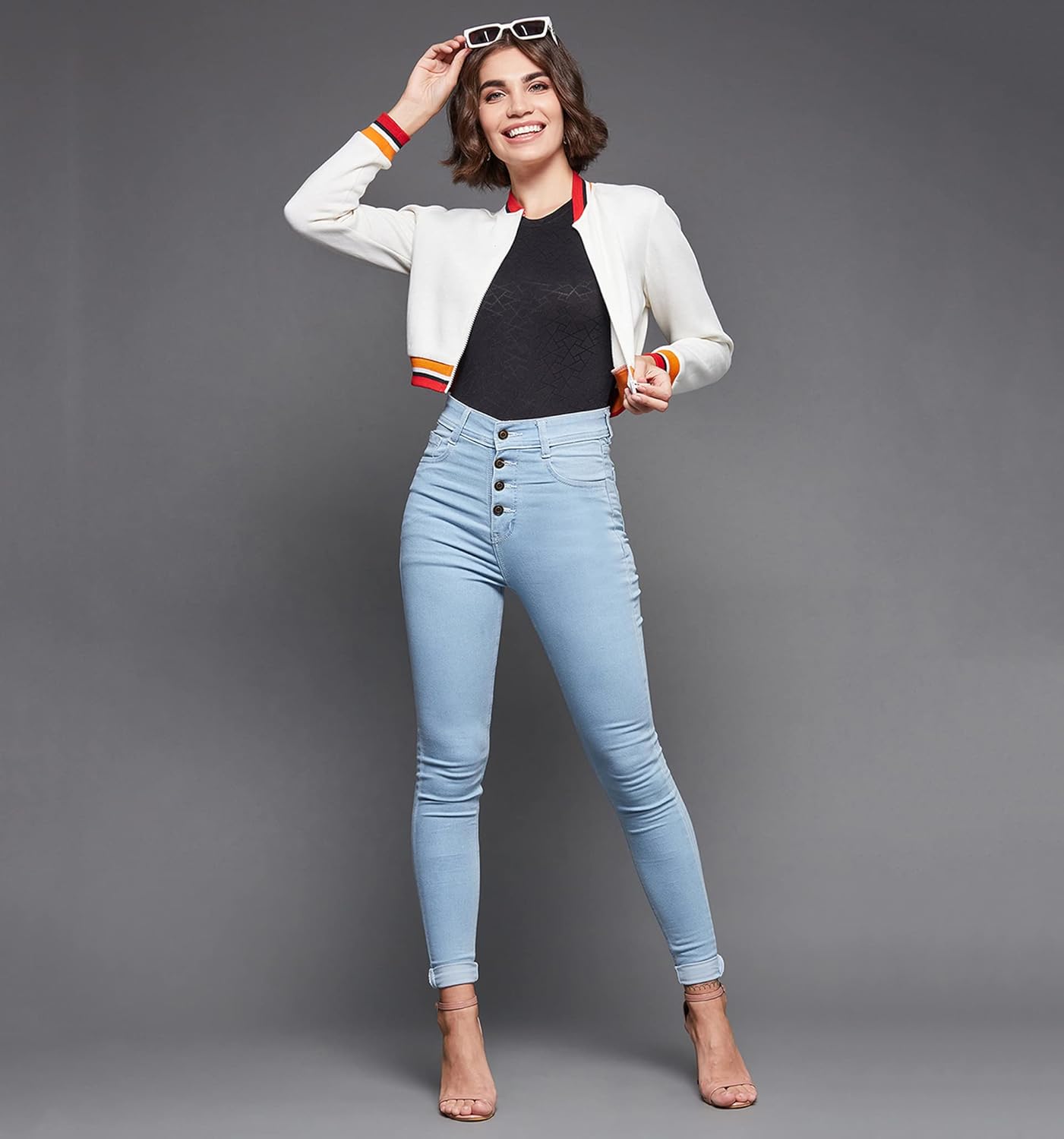 Women's Off White V-Neck Full Sleeves Bomber Cropped Jacket - Image 9
