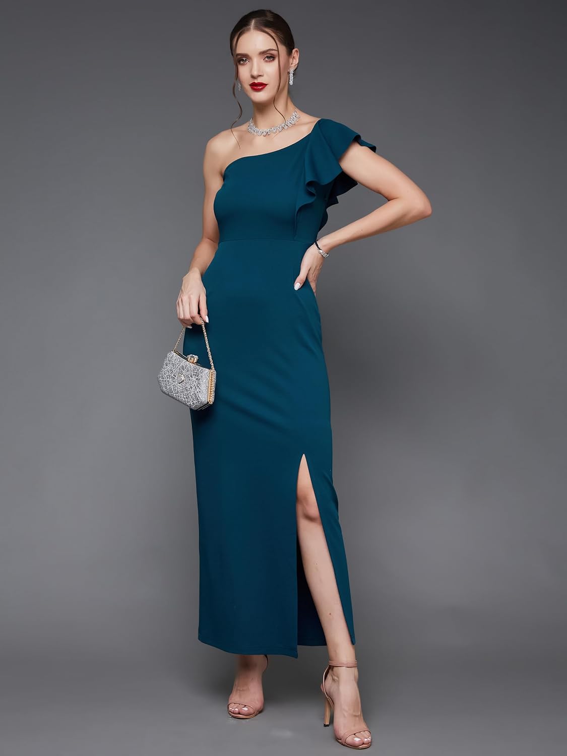 Women's Solid One Shoulder Sleeveless Ruffled Maxi Dress - Image 17