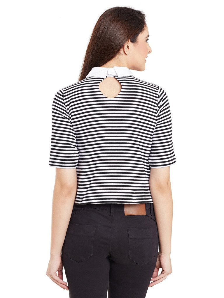 Women's Maroon and White Half Sleeves Round Neck Striped Crop Top - Image 13