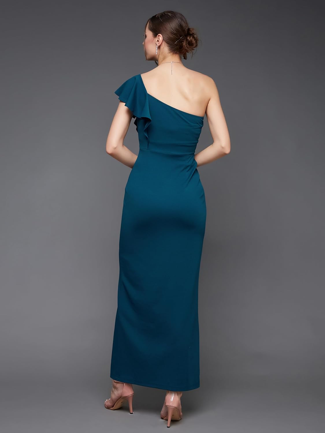 Women's Solid One Shoulder Sleeveless Ruffled Maxi Dress - Image 15