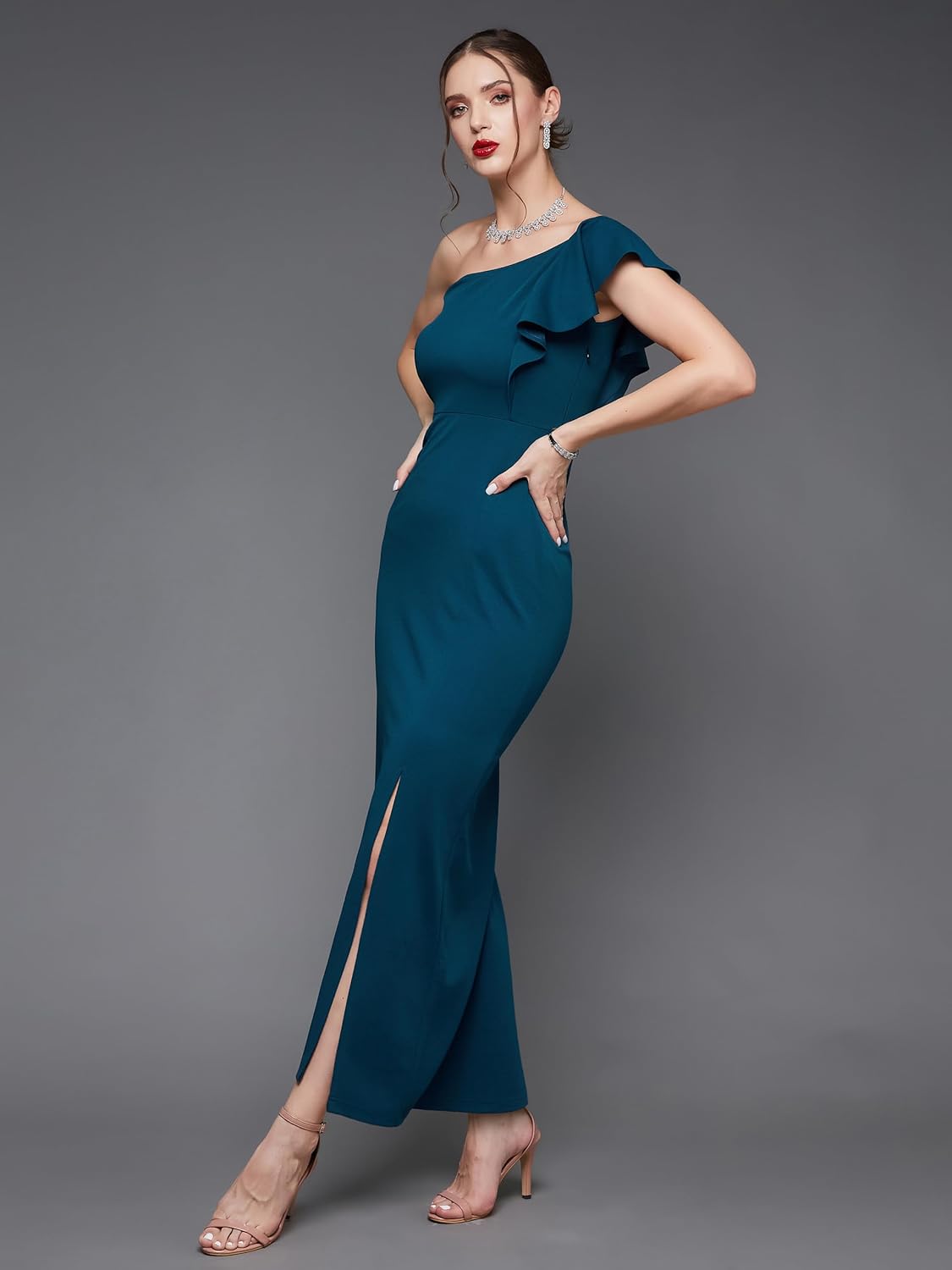 Women's Solid One Shoulder Sleeveless Ruffled Maxi Dress - Image 14