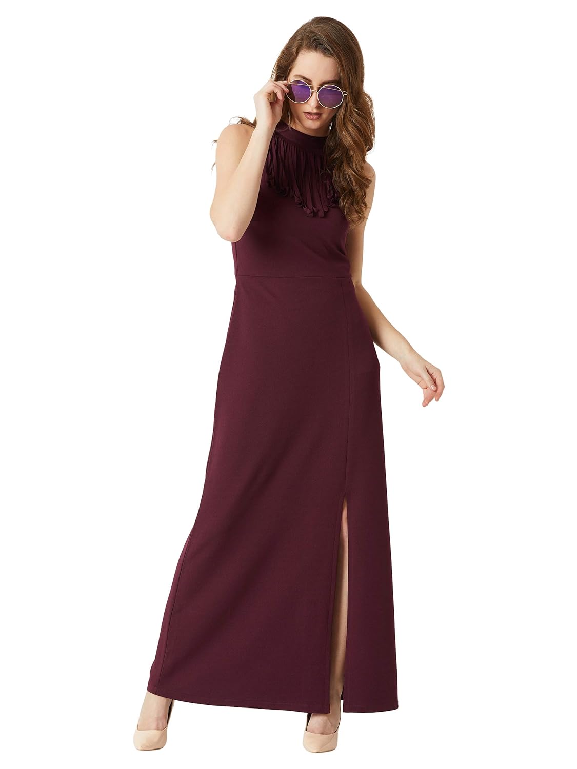 Women's Designer Wine Red Fringed Halter Neck Sleeveless Solid Maxi Front Slit Dress - Image 2