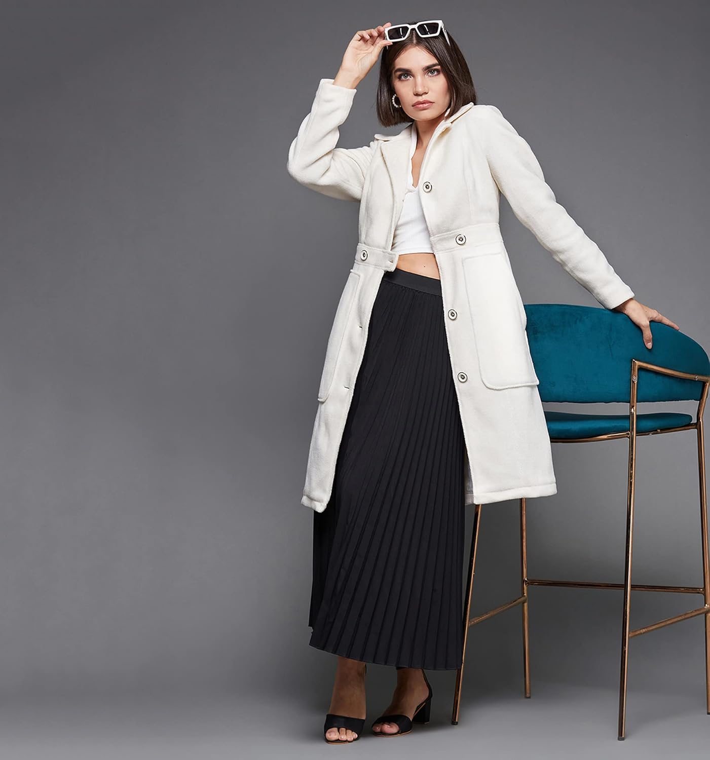 Women's Off White Solid Shirt Collar Full Sleeves Polyester Winter Wear Jacket - Image 6