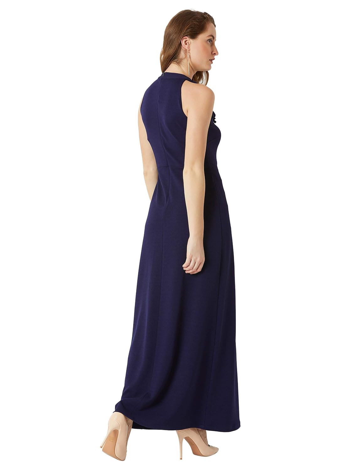 Women's Designer Wine Red Fringed Halter Neck Sleeveless Solid Maxi Front Slit Dress - Image 9