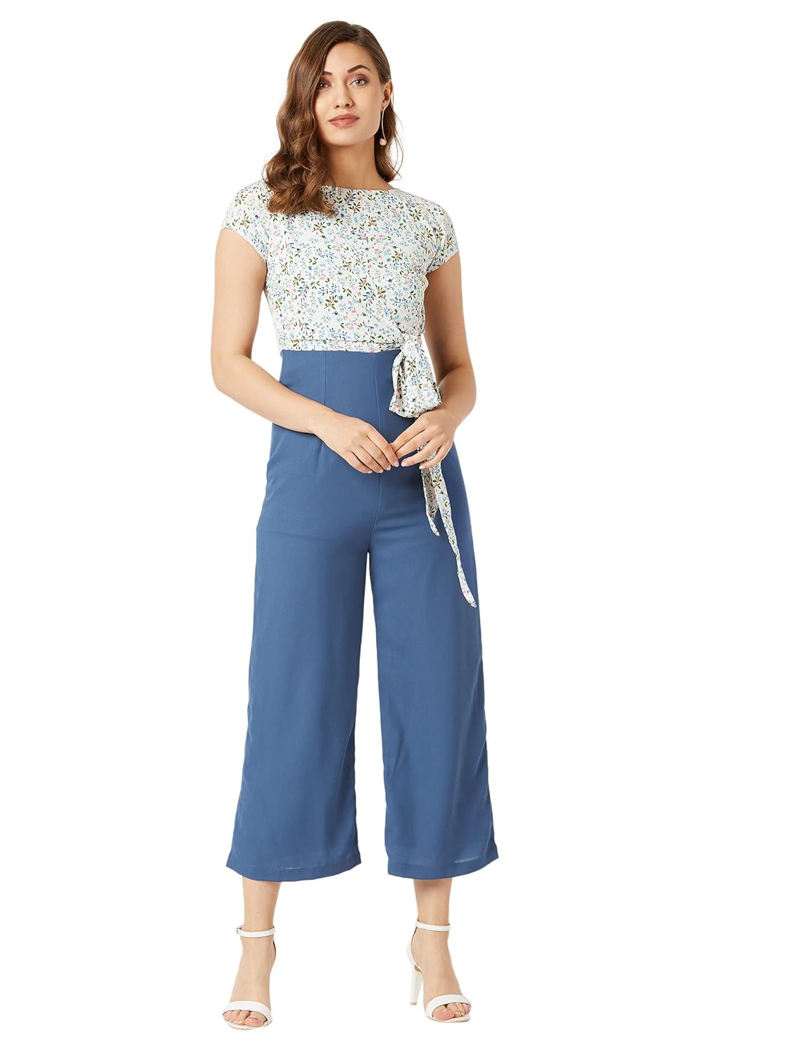 Women's Multicolored Round Neck Short Sleeves Floral Waist Tie-Up Regular Length Jumpsuit - Image 3