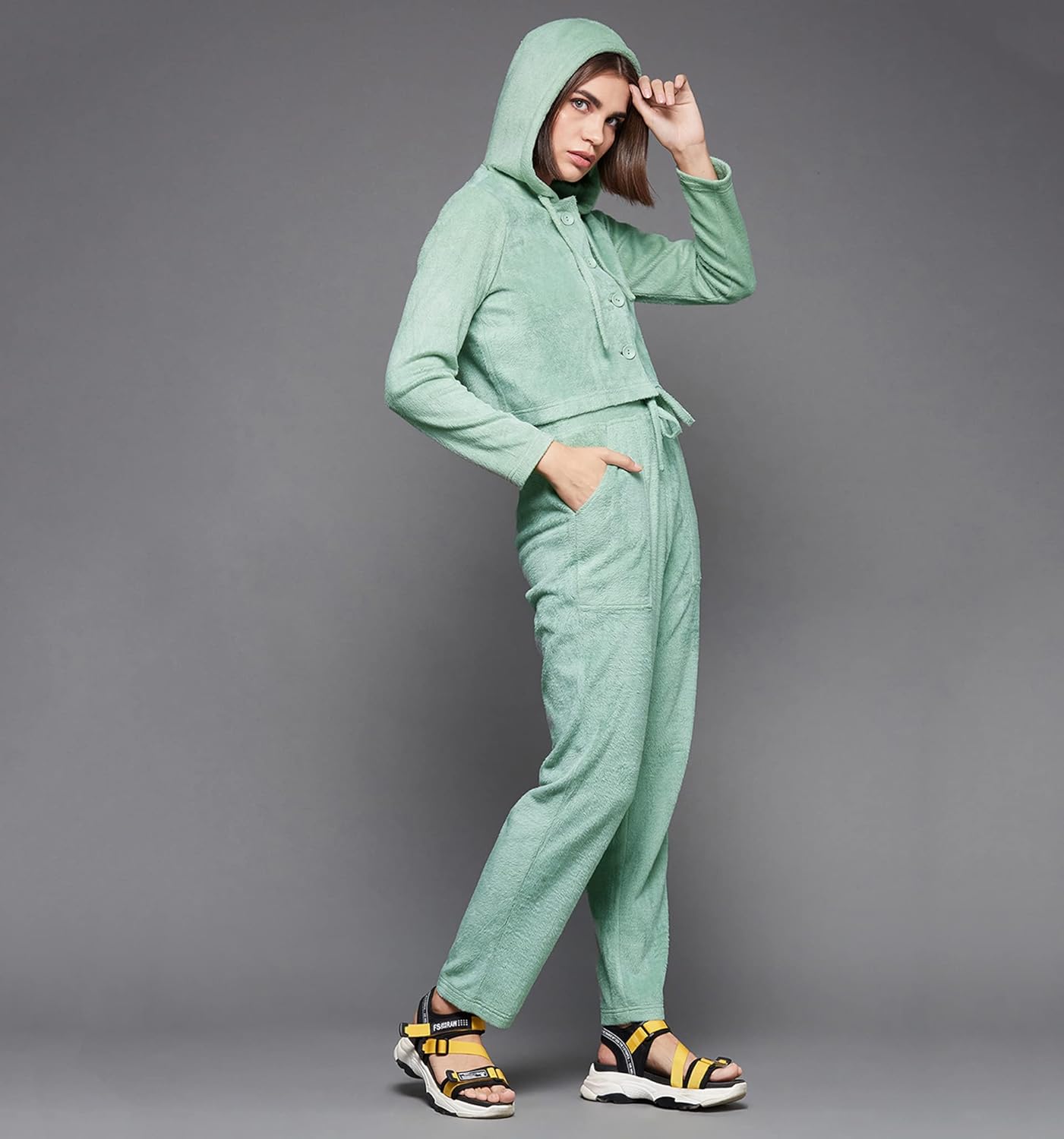 Women'S Sage Green Hooded Full-Sleeve Solid Croped Hooded Regular Length Polyester Co-Ord Set - Image 2