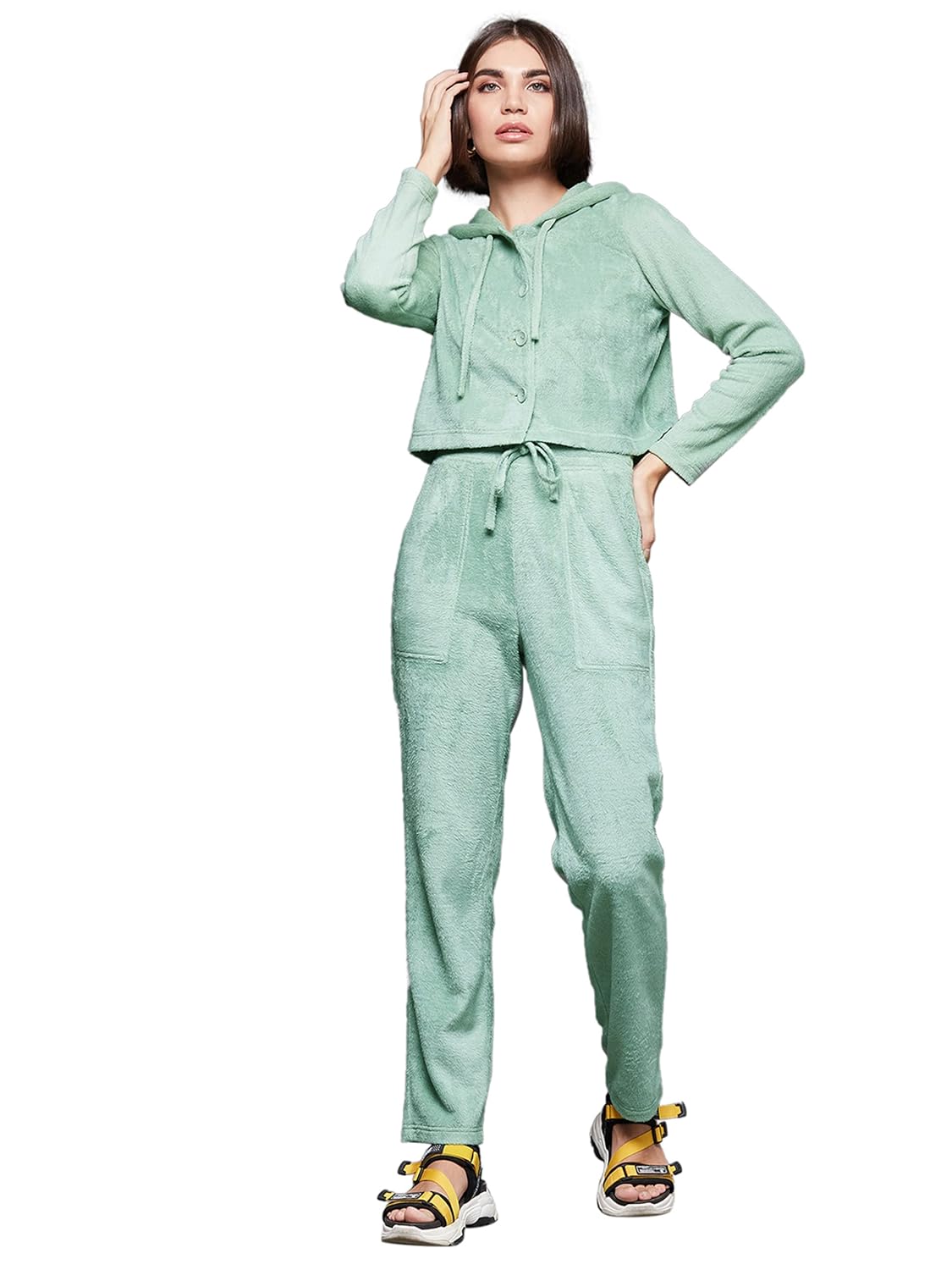 Women'S Sage Green Hooded Full-Sleeve Solid Croped Hooded Regular Length Polyester Co-Ord Set