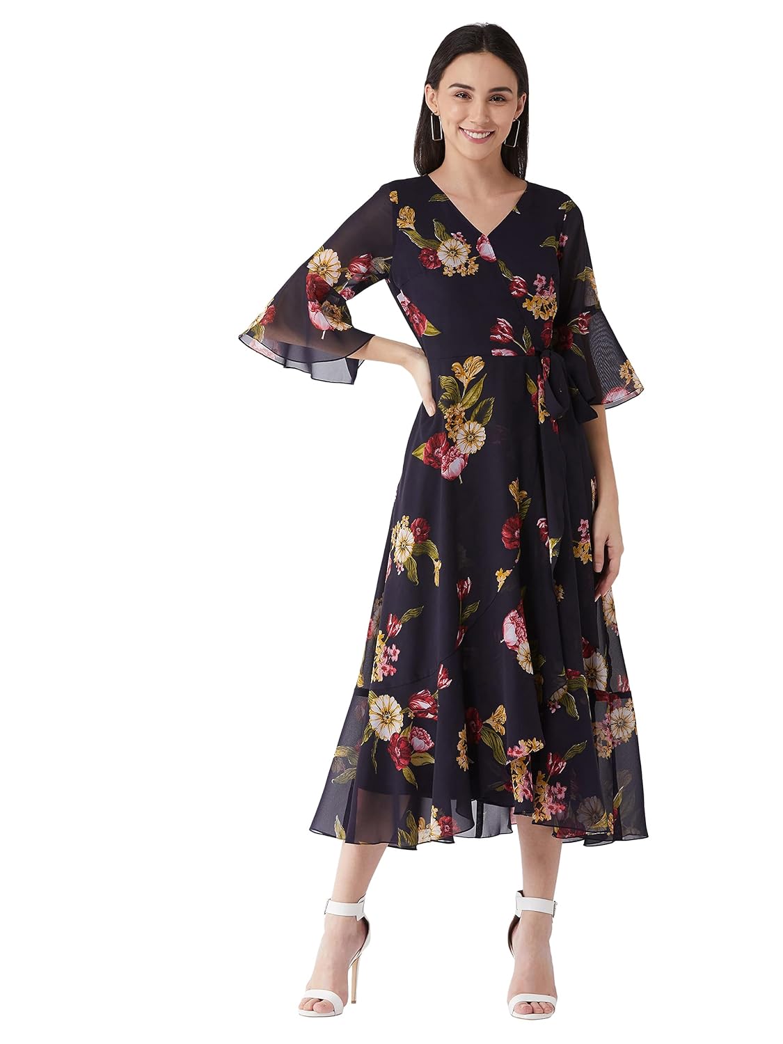 Women's Multicolored- Base- Navy Blue V Neck 3/4th Sleeve Floral Ruffled Maxi Dress