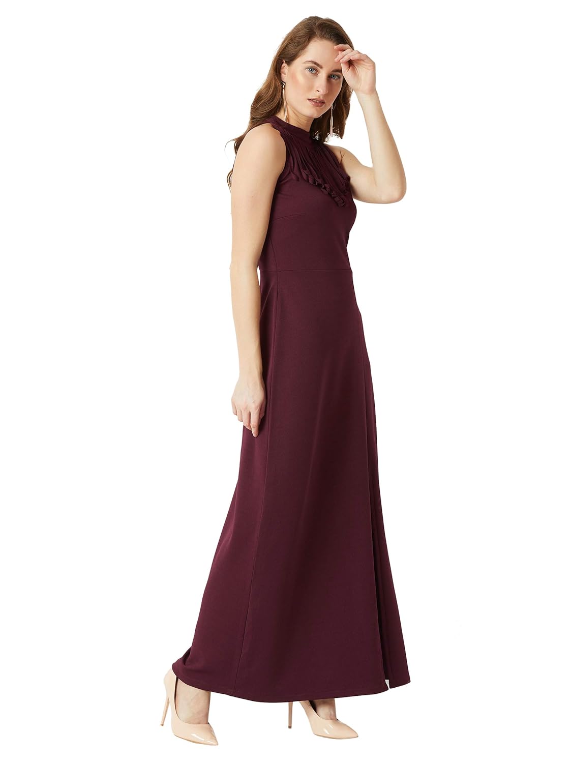 Women's Designer Wine Red Fringed Halter Neck Sleeveless Solid Maxi Front Slit Dress - Image 3