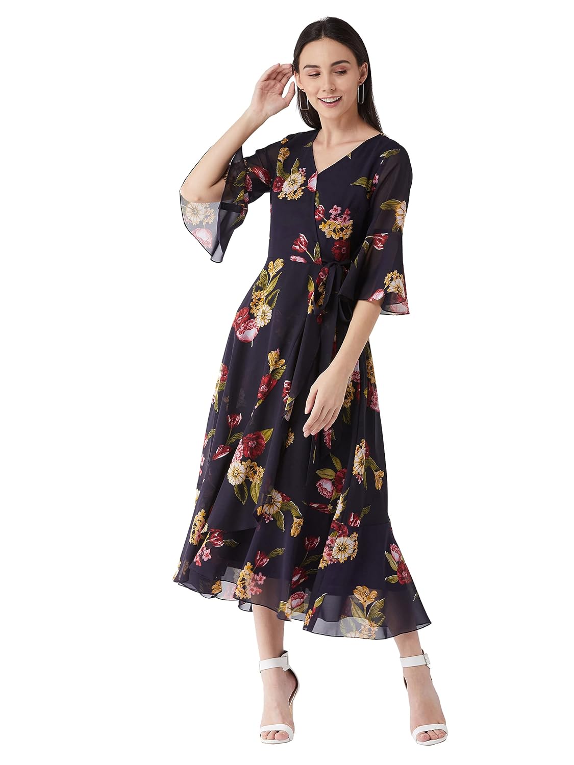 Women's Multicolored- Base- Navy Blue V Neck 3/4th Sleeve Floral Ruffled Maxi Dress - Image 2