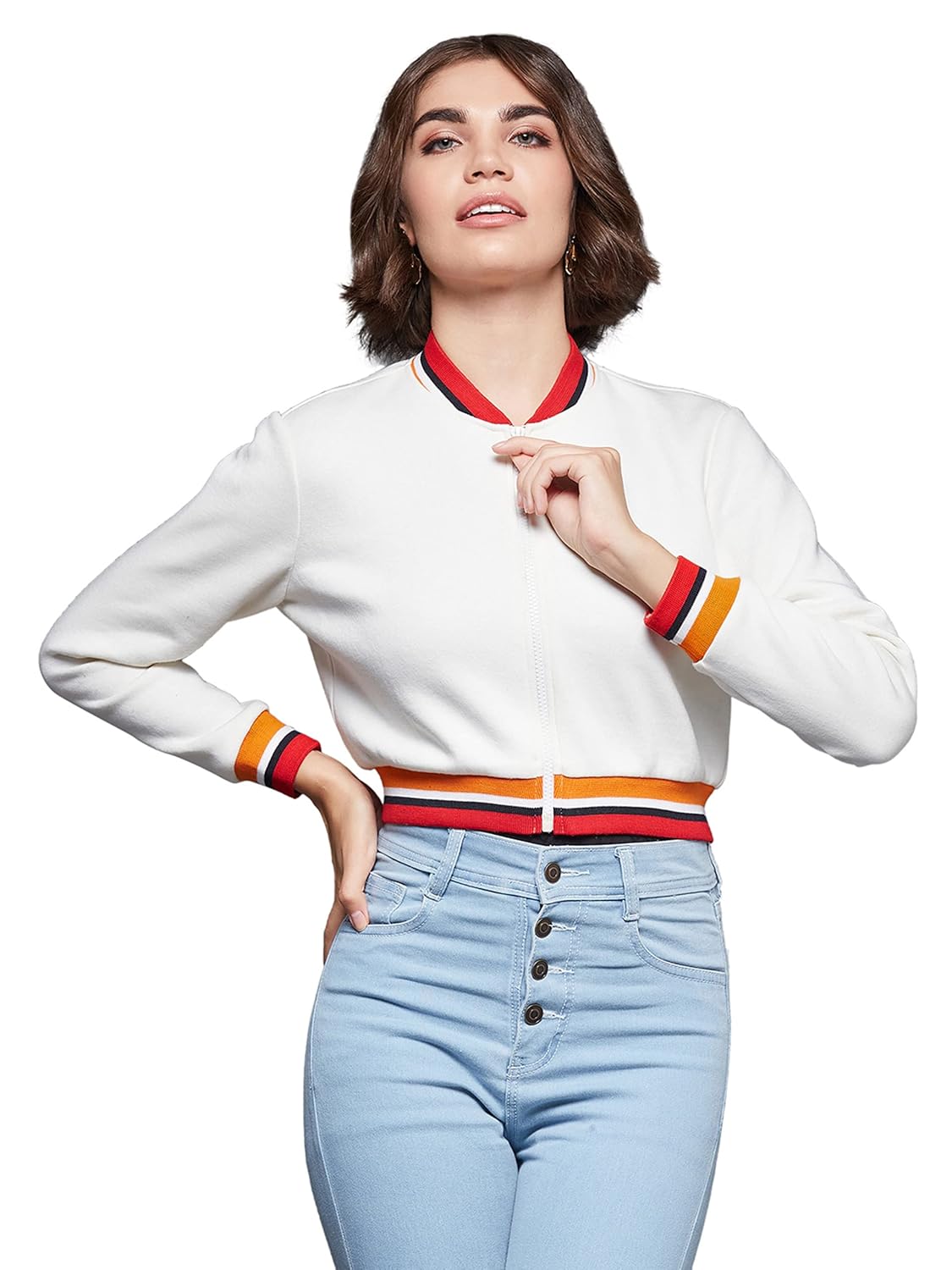 Women's Off White V-Neck Full Sleeves Bomber Cropped Jacket - Image 8