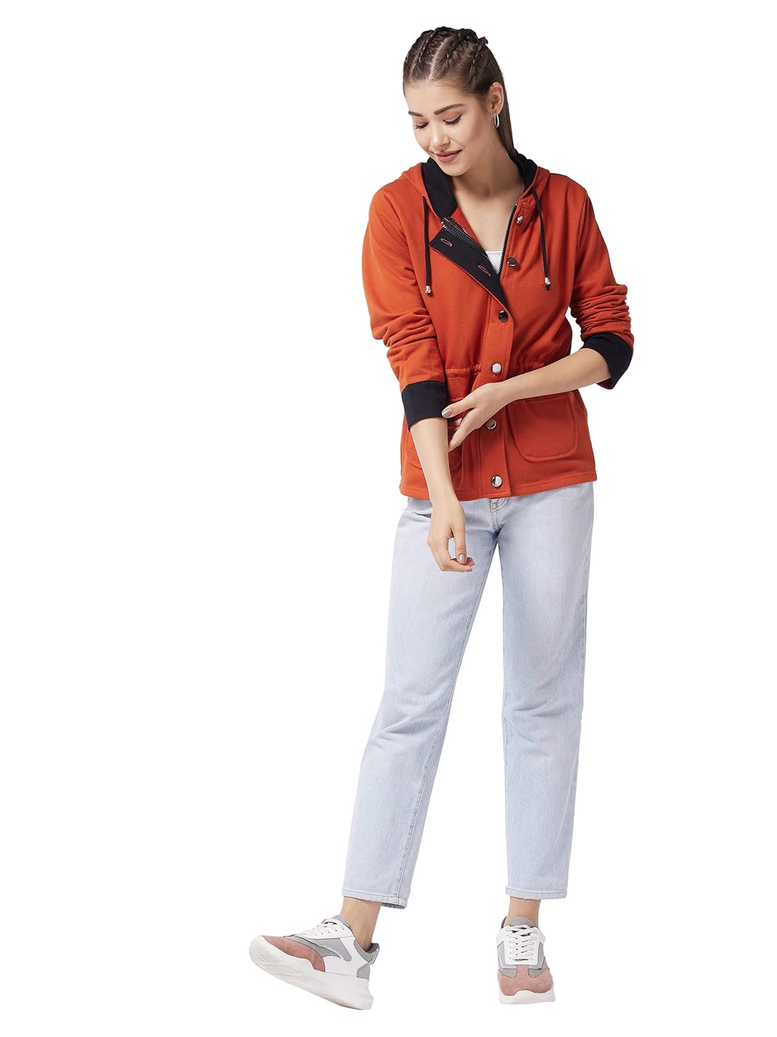 Cotton Women's Multicolor-Base Rust Hooded Full Sleeve Solid Waist Length Tie-Up Regular Jacket - Image 2