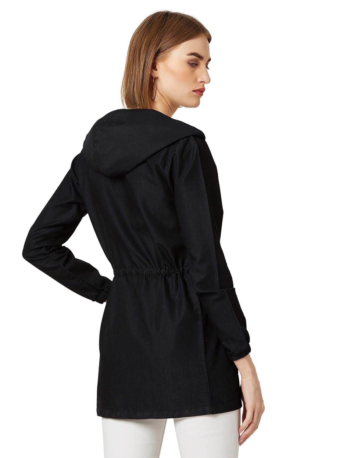 Women's Black Hooded Full Sleeves Solid Tie-Up Detailing Long Denim Jacket - Image 4