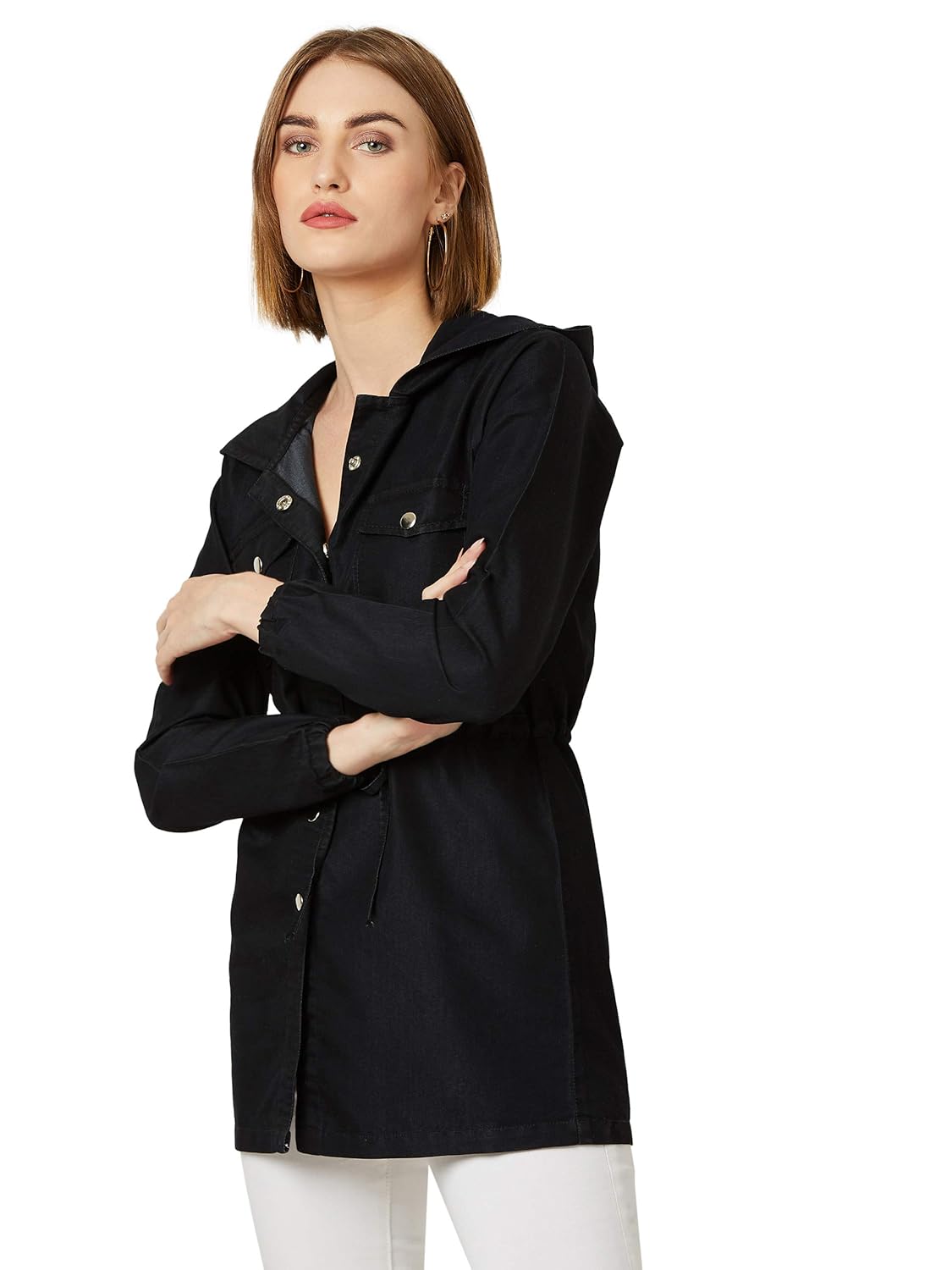 Women's Black Hooded Full Sleeves Solid Tie-Up Detailing Long Denim Jacket - Image 3