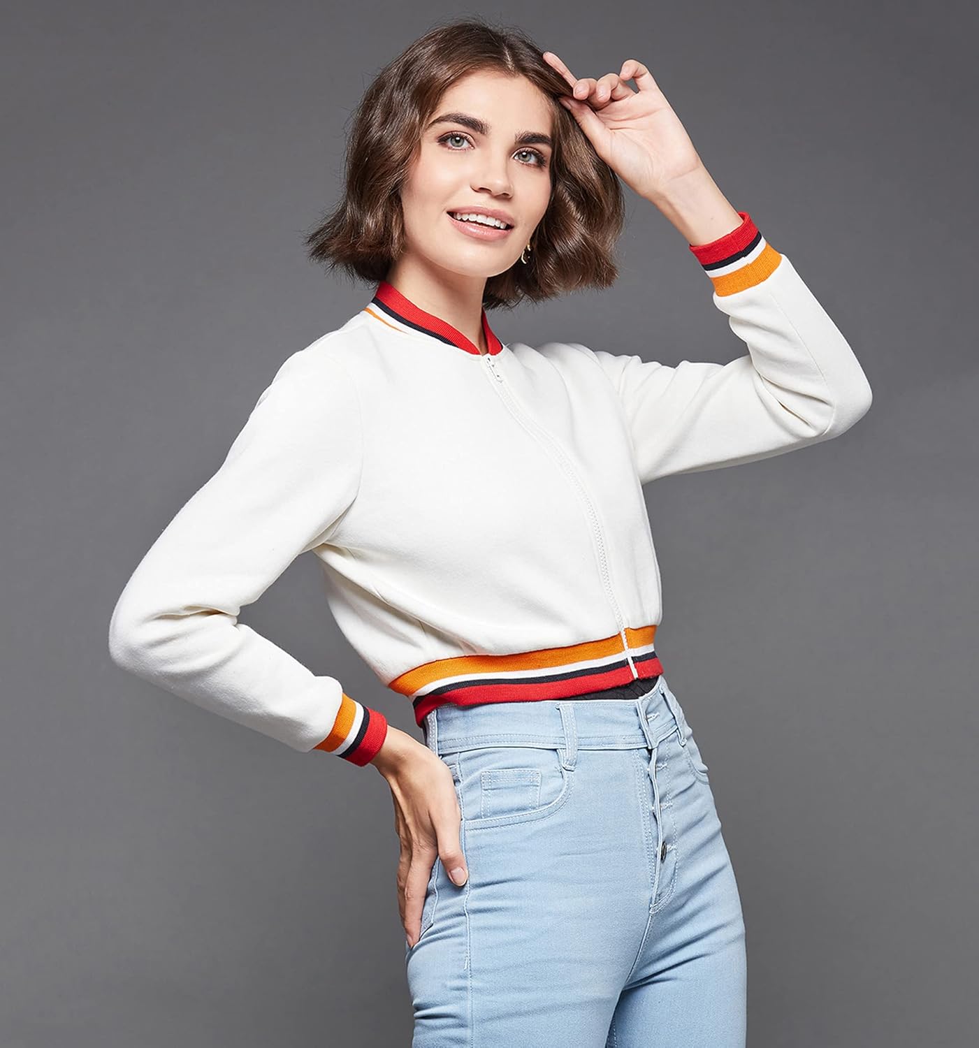 Women's Off White V-Neck Full Sleeves Bomber Cropped Jacket - Image 10