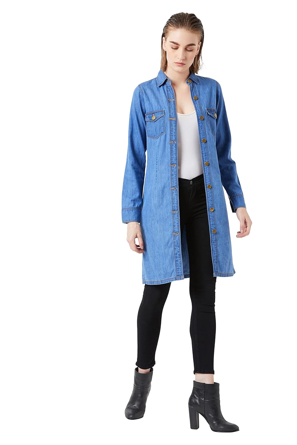 Women's Blue Denim Collar Neck Long Shrug - Image 2