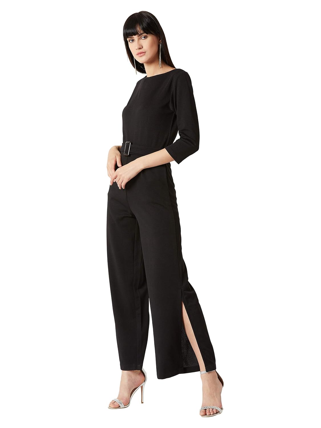 Women's Black Round Neck 3/4th Sleeves Solid Belted Wide-Leg Side Slit Jumpsuit - Image 3