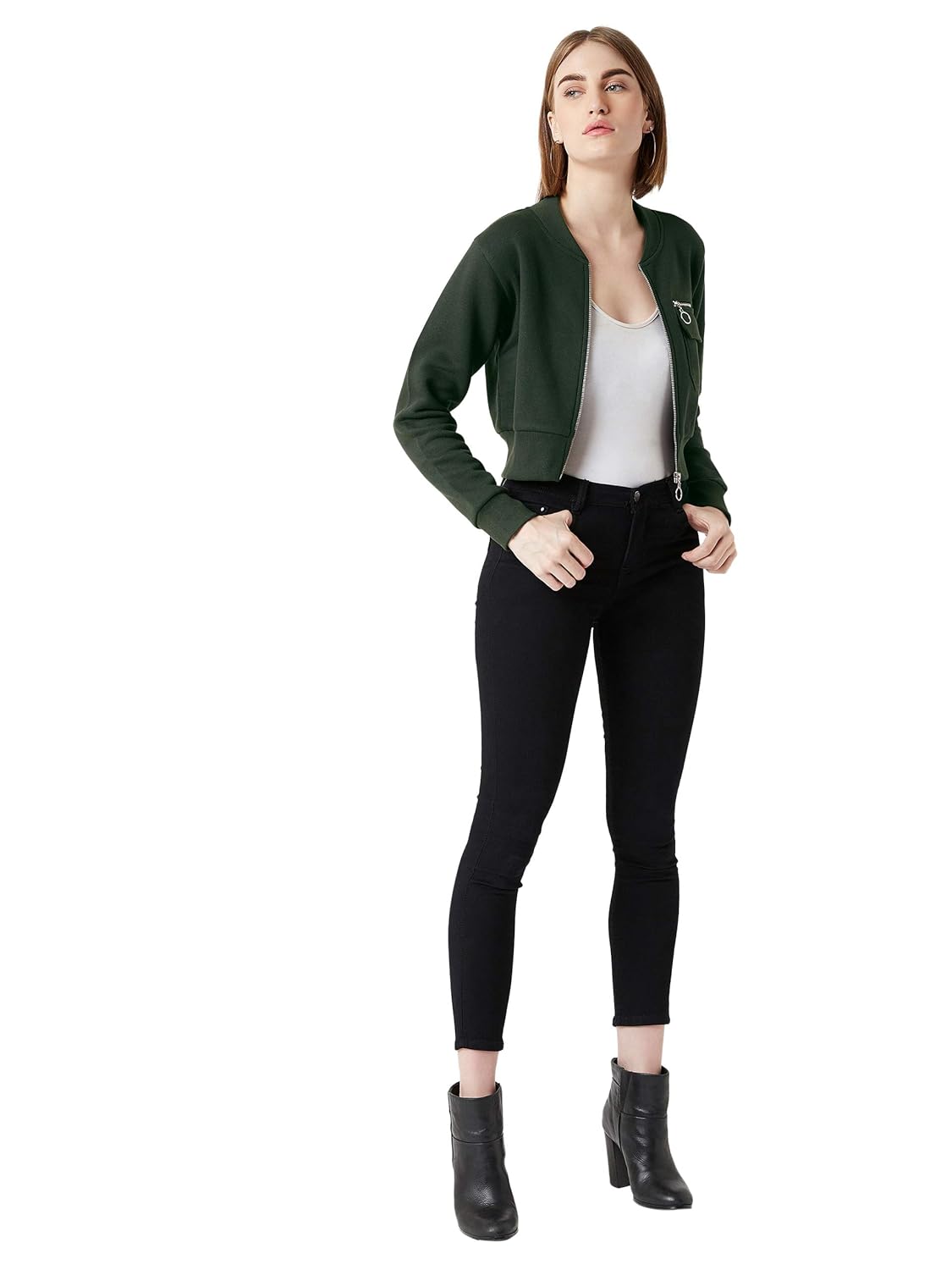 Women's Grey Collared Full Sleeves Solid Bomber Cropped Jacket - Image 2