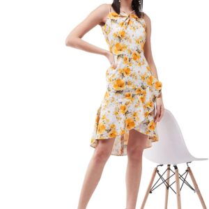 Women's Multicoloured Floral Printed Relaxed Fit V-Neck Sleeveless Ruffled Midi Dress