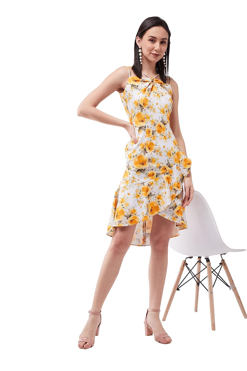 Women's Multicoloured Floral Printed Relaxed Fit V-Neck Sleeveless Ruffled Midi Dress