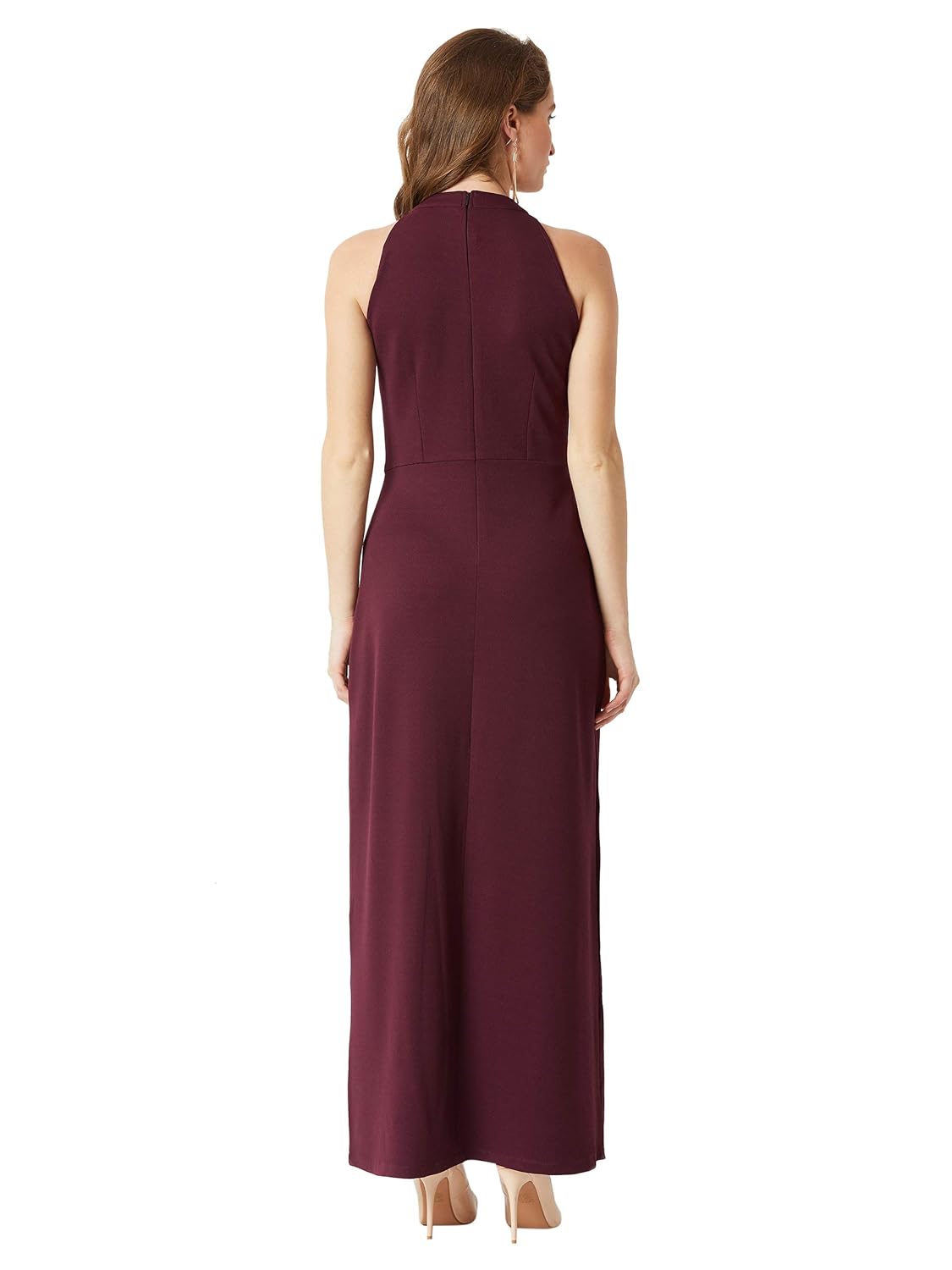 Women's Designer Wine Red Fringed Halter Neck Sleeveless Solid Maxi Front Slit Dress - Image 4