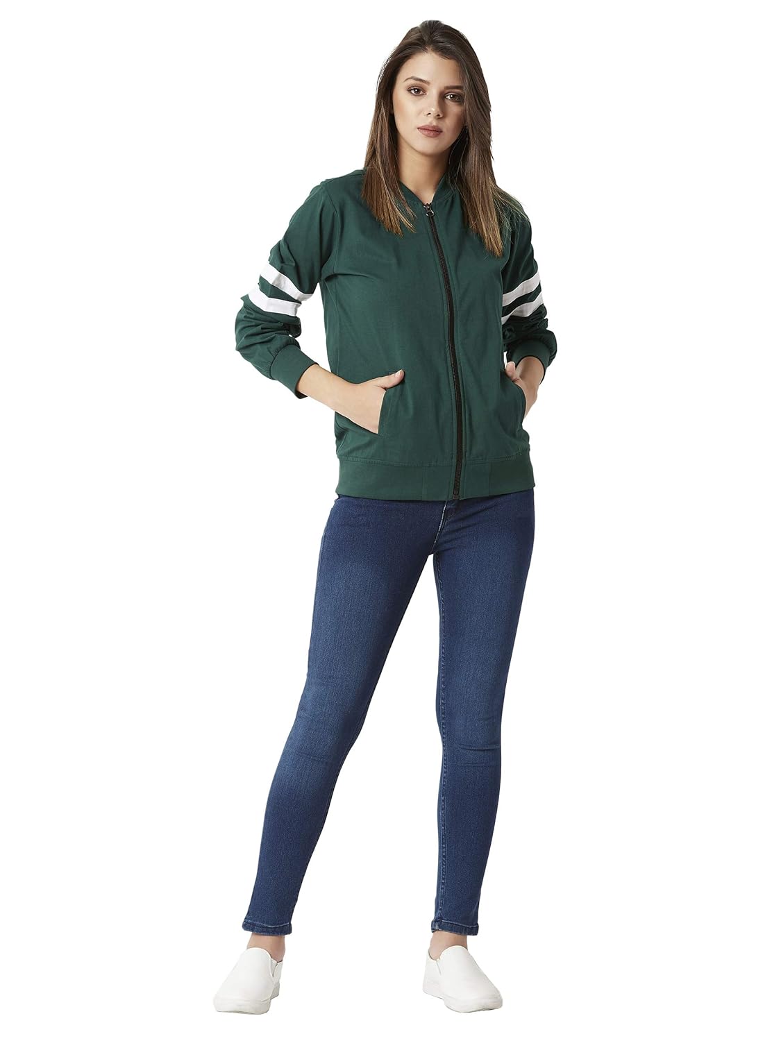 Women's Green Cotton Bomber Jacket - Image 7