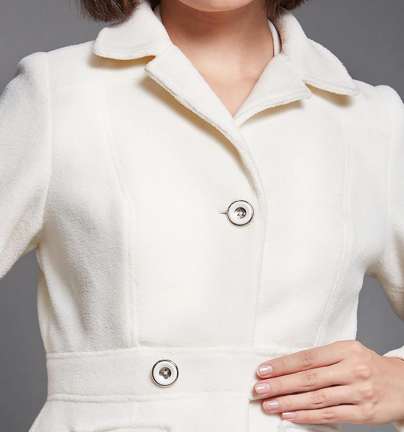 Women's Off White Solid Shirt Collar Full Sleeves Polyester Winter Wear Jacket - Image 4