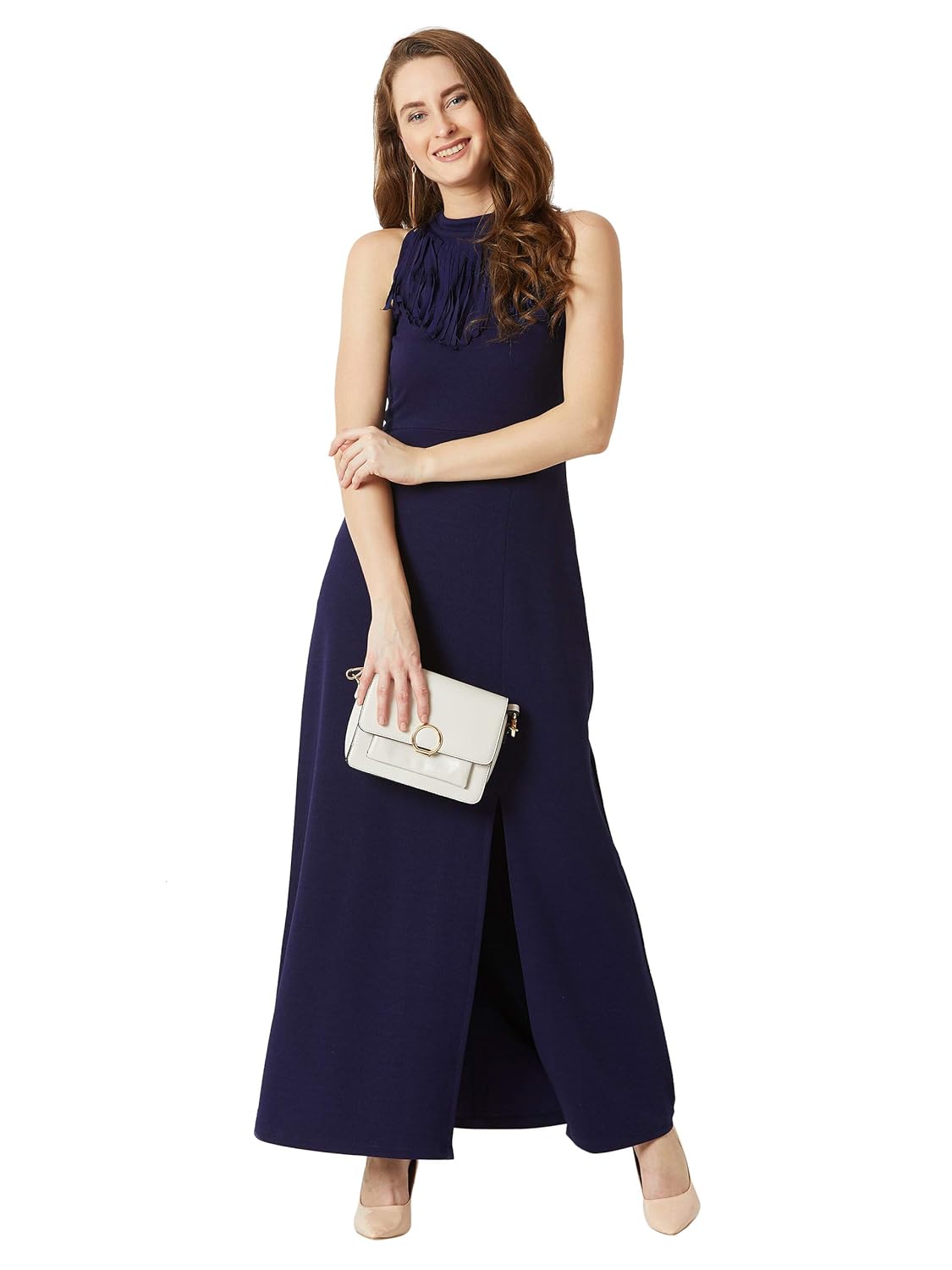 Women's Designer Wine Red Fringed Halter Neck Sleeveless Solid Maxi Front Slit Dress - Image 7
