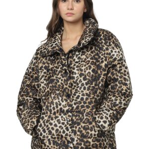 Women Animal Print Brown Polyester Regular Fit Puffer Jacket