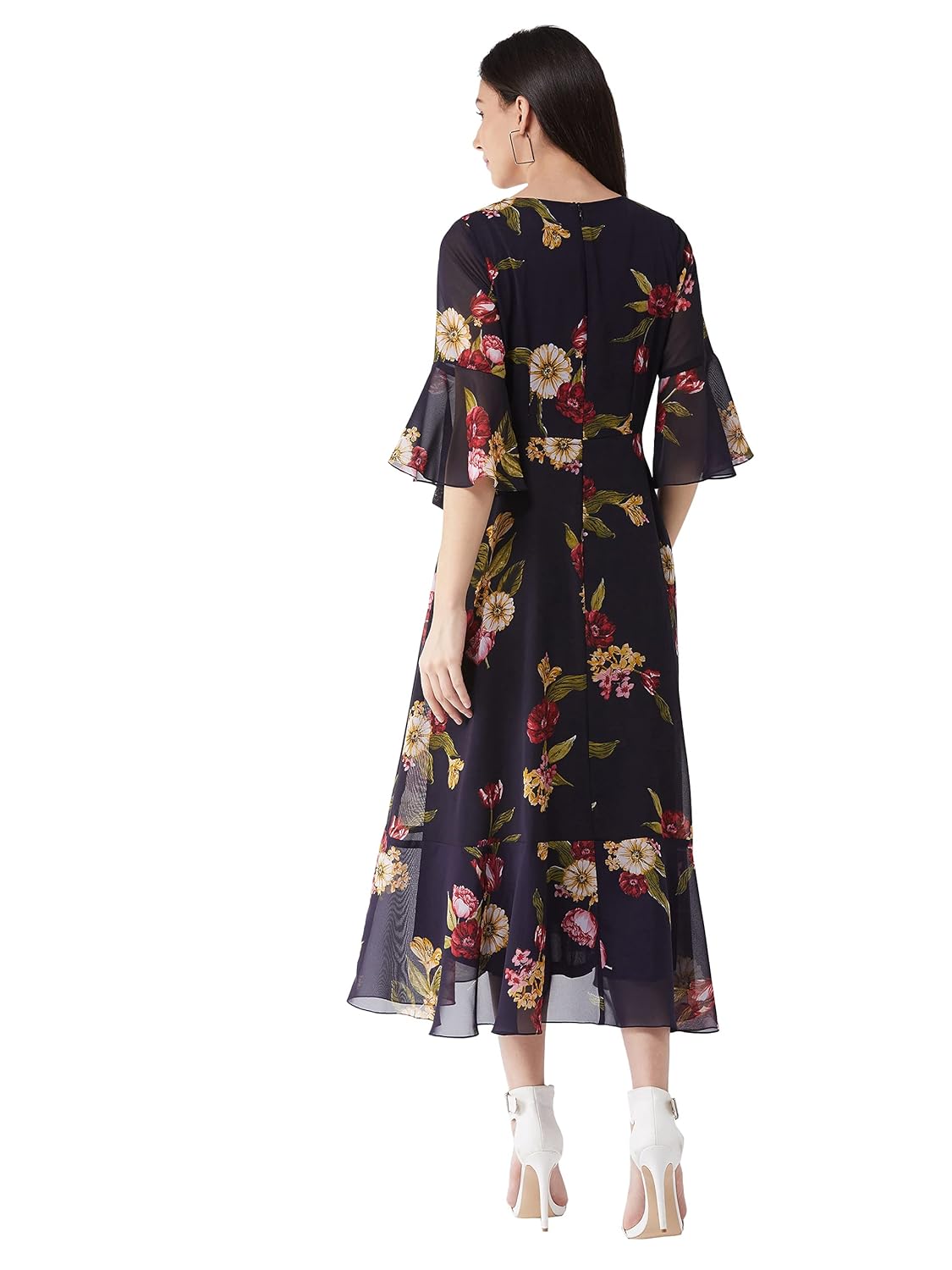 Women's Multicolored- Base- Navy Blue V Neck 3/4th Sleeve Floral Ruffled Maxi Dress - Image 4