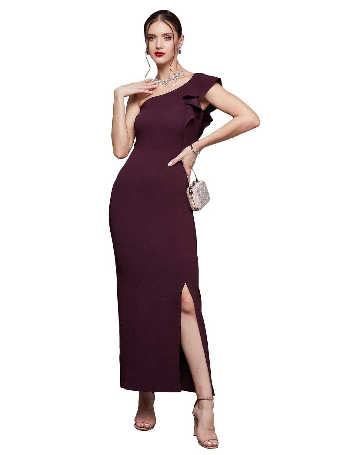 Women's Solid One Shoulder Sleeveless Ruffled Maxi Dress - Image 20