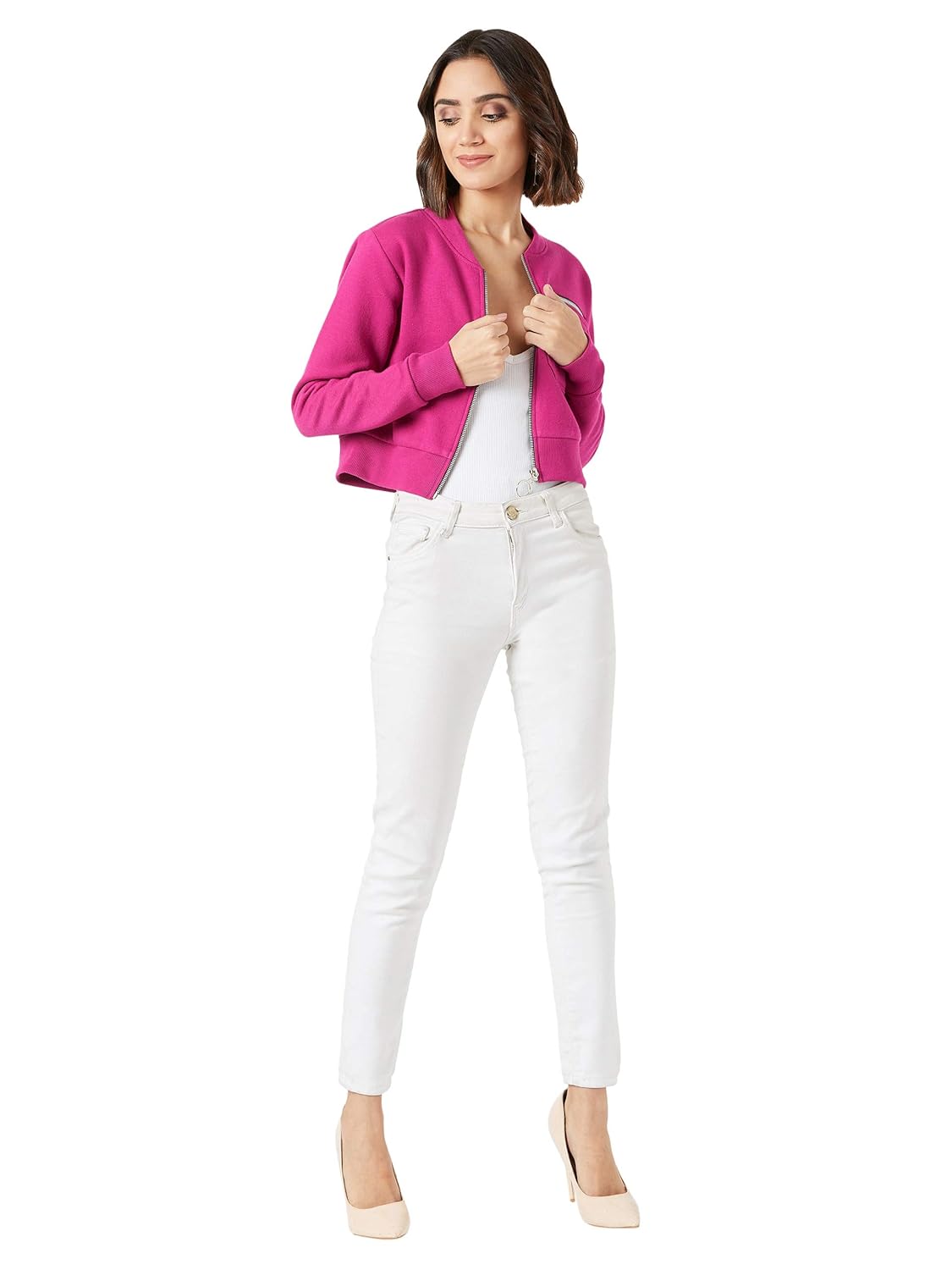 Women's Pink Collared Full Sleeves Bomber Cropped Jacket - Image 2