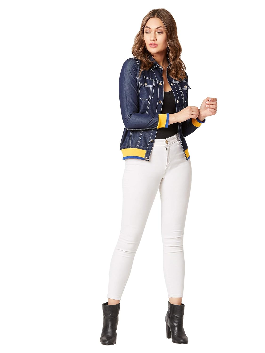 Women's Navy Collared Neck Full Sleeve Solid Bomber Regular Length Denim Jacket - Image 2