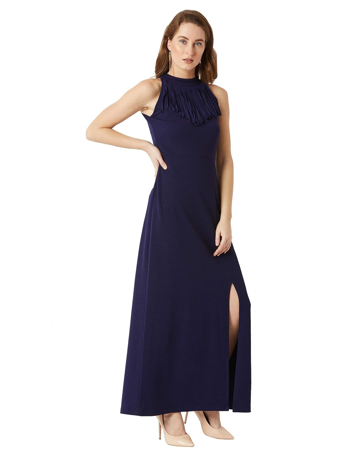 Women's Designer Wine Red Fringed Halter Neck Sleeveless Solid Maxi Front Slit Dress - Image 8