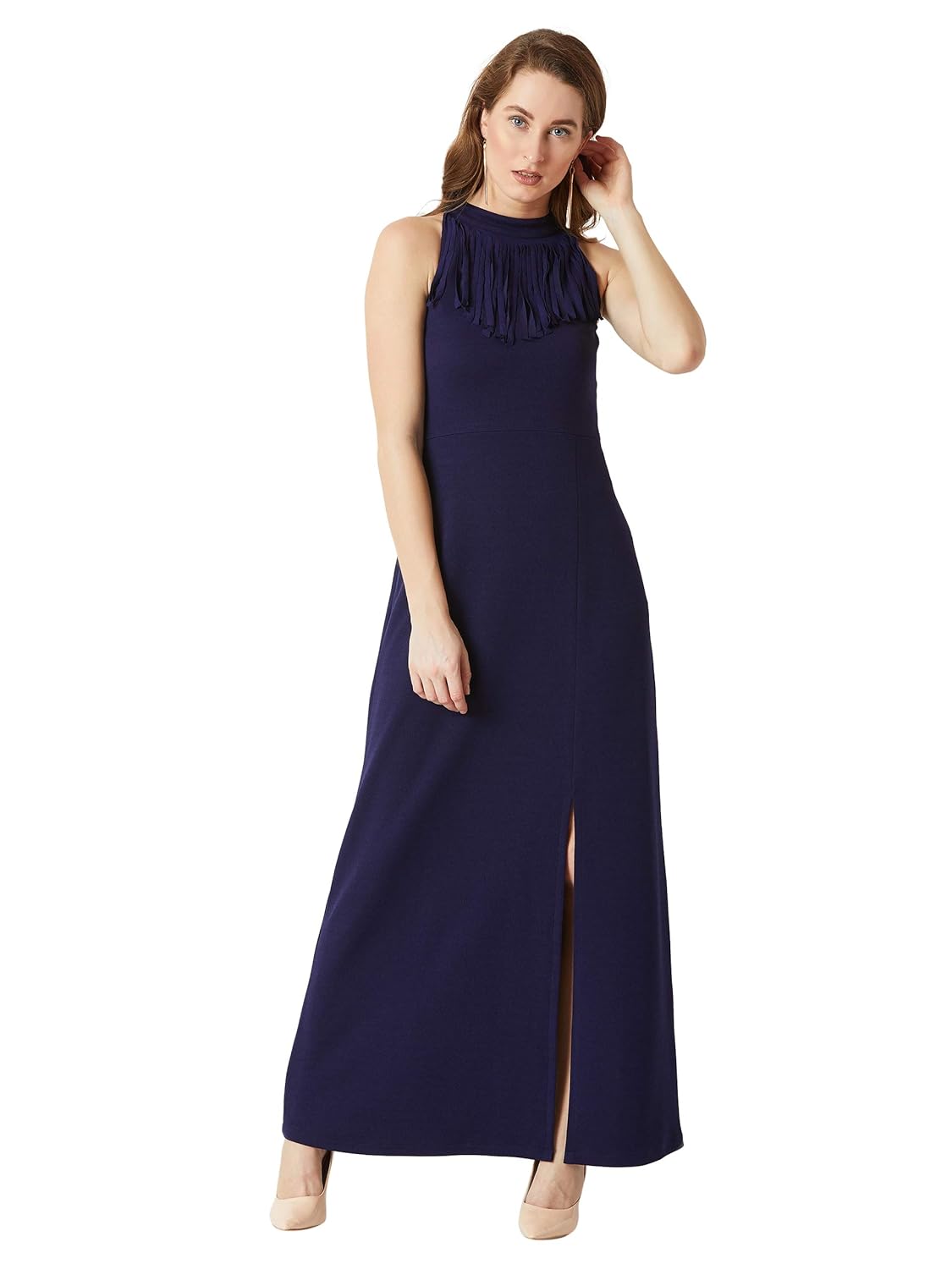 Women's Designer Wine Red Fringed Halter Neck Sleeveless Solid Maxi Front Slit Dress - Image 6