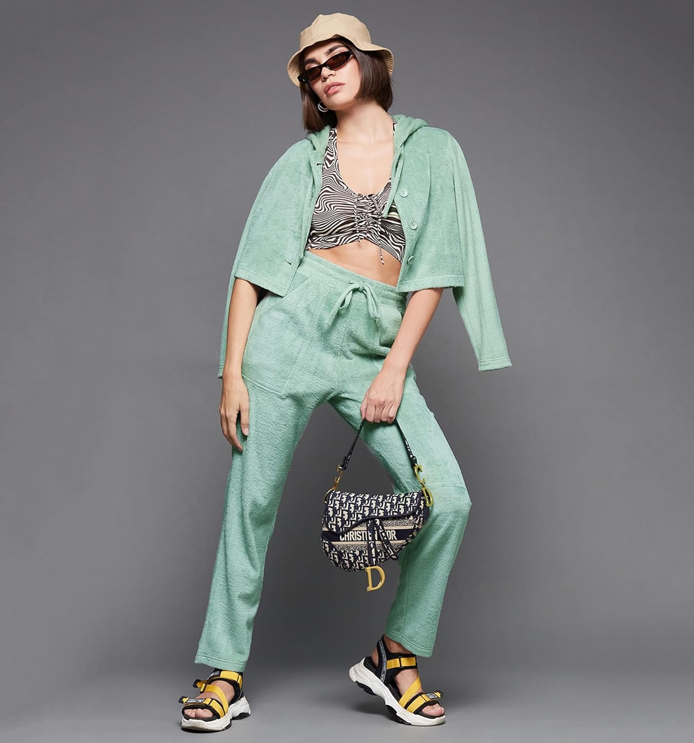 Women'S Sage Green Hooded Full-Sleeve Solid Croped Hooded Regular Length Polyester Co-Ord Set - Image 6
