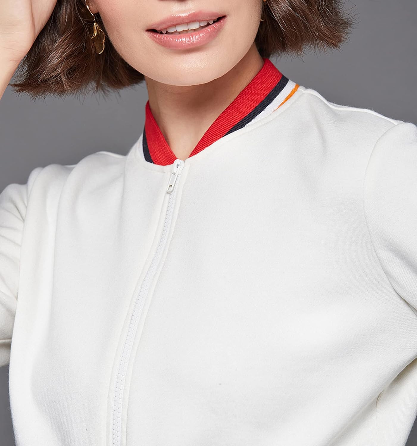 Women's Off White V-Neck Full Sleeves Bomber Cropped Jacket - Image 12