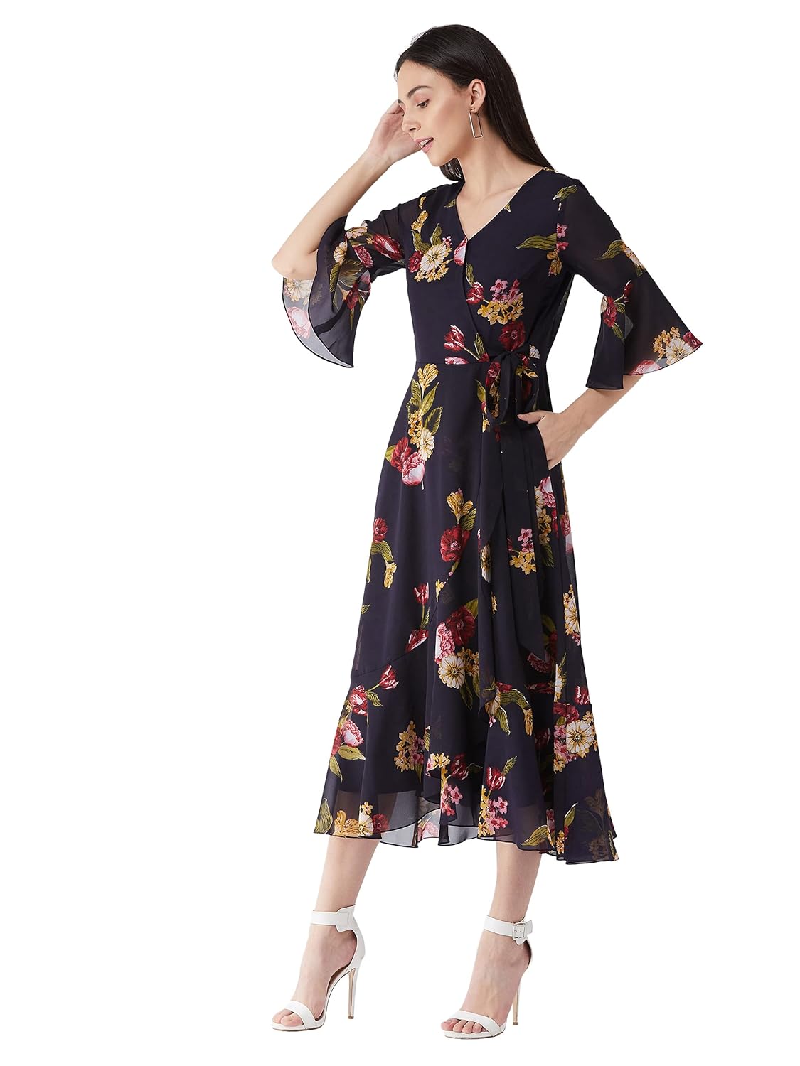 Women's Multicolored- Base- Navy Blue V Neck 3/4th Sleeve Floral Ruffled Maxi Dress - Image 3