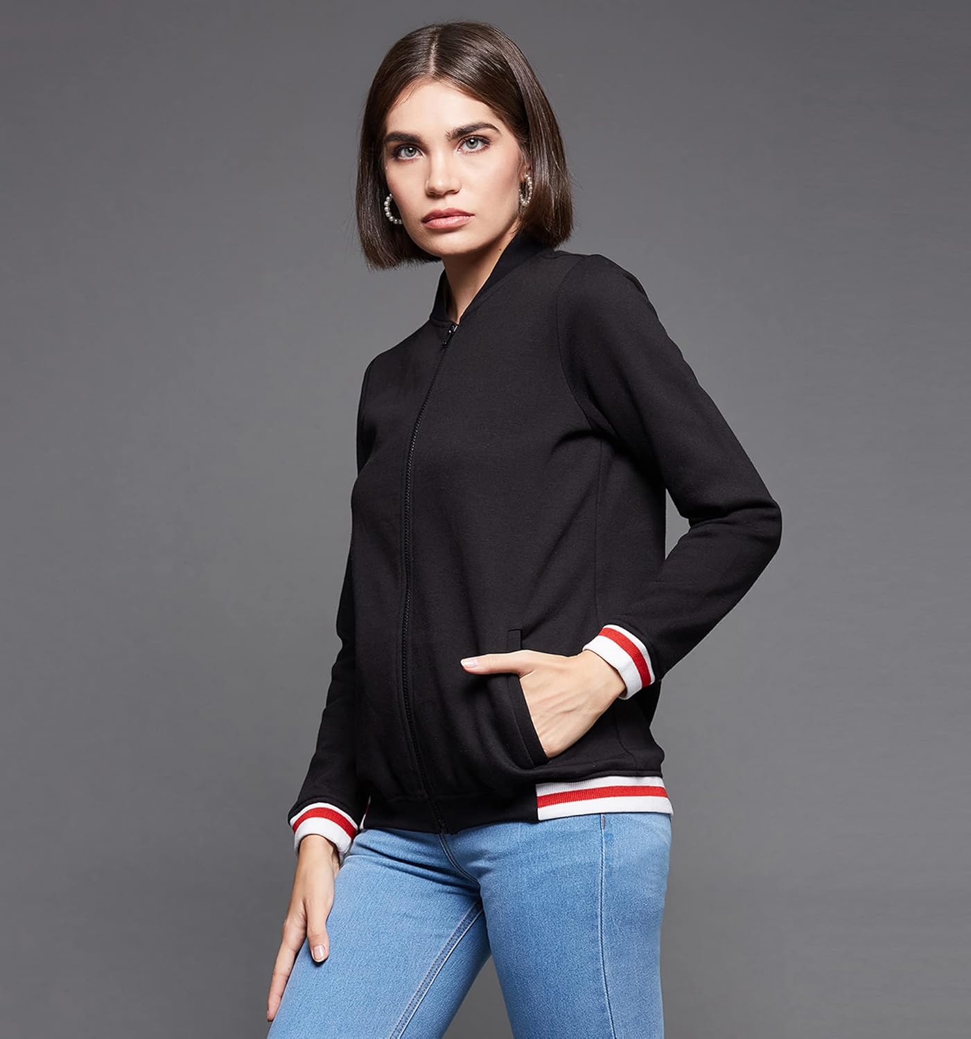 Women's Black V-Neck Full Sleeve Solid Multicolored Bomber Jacket - Image 2
