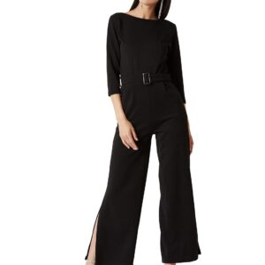 Women's Black Round Neck 3/4th Sleeves Solid Belted Wide-Leg Side Slit Jumpsuit